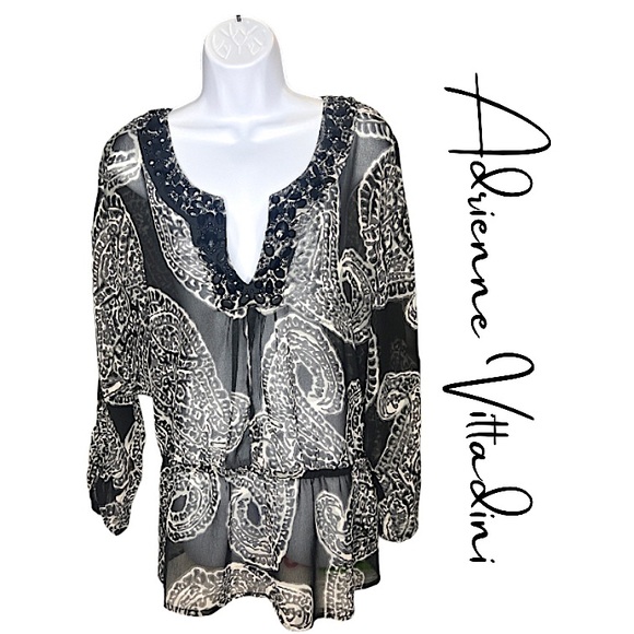Adrienne Vittadini Black & White Paisley Design Beaded B-Neck Blouse Size XL EUC - Picture 1 of 14